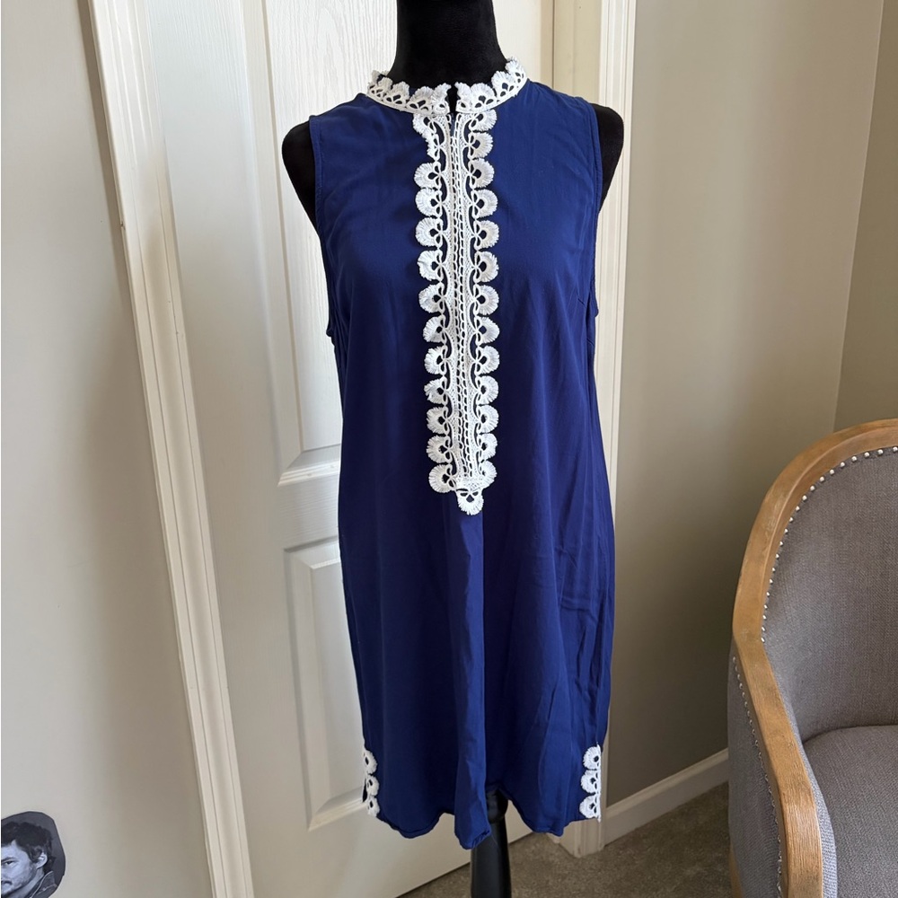 Navy Sleeveless Mini Dress with White Crochet Trim